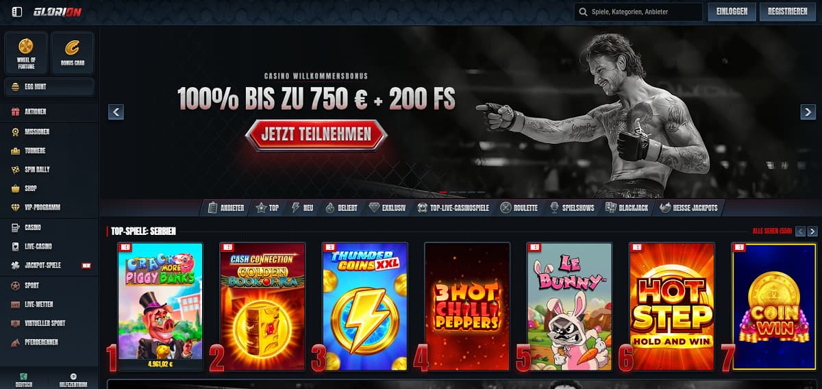 Glorion Startseite mit Banner, das einen 100 %-Bonus bis zu 750 € plus 200 Freispiele bewirbt. Seitenleiste umfasst Kategorien wie Casino, Live-Casino, Jackpot-Spiele und Missionen. Bereich „Top-Spiele-Serien“ zeigt Slots wie Double Dragon Gold und Cleopatra Wilds.
